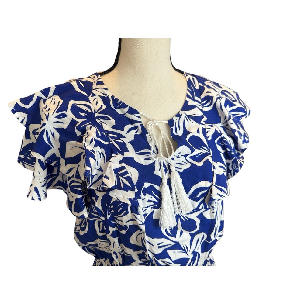 Marissa Olivia Blue/White Womens S Dress Floral Ruffle Sleeve Elastic Waist Midi - Picture 5 of 8